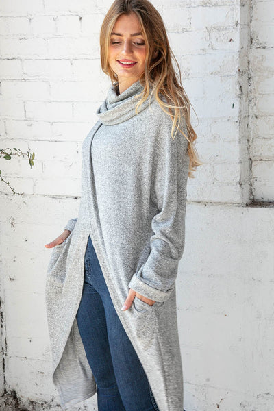 Brushed Hacci Wrap Turtleneck Maxi Open Cardigan