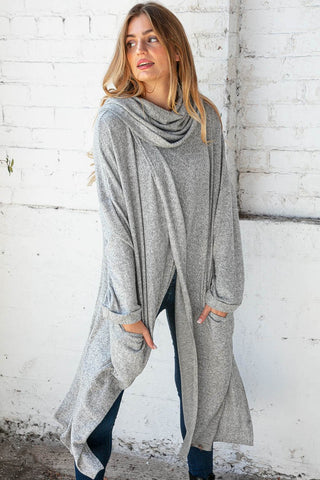 Brushed Hacci Wrap Turtleneck Maxi Open Cardigan