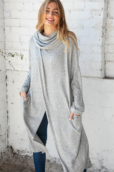 Brushed Hacci Wrap Turtleneck Maxi Open Cardigan