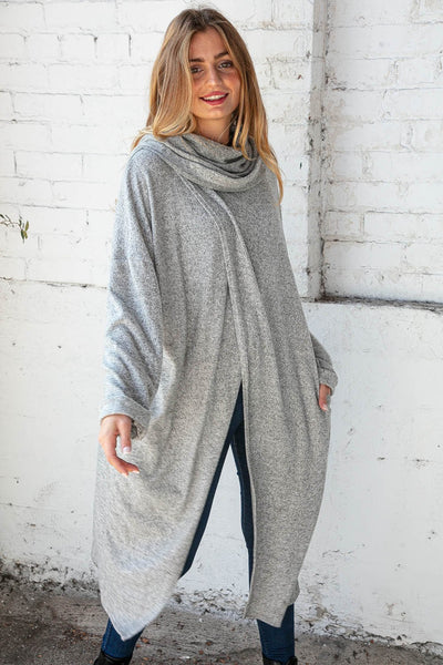 Brushed Hacci Wrap Turtleneck Maxi Open Cardigan