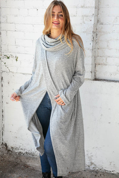 Brushed Hacci Wrap Turtleneck Maxi Open Cardigan