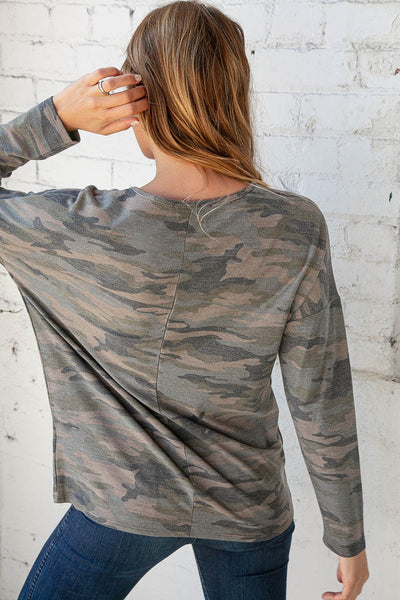 Camo French Terry Sequin Banded V Neck Top