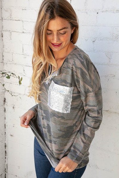 Camo French Terry Sequin Banded V Neck Top