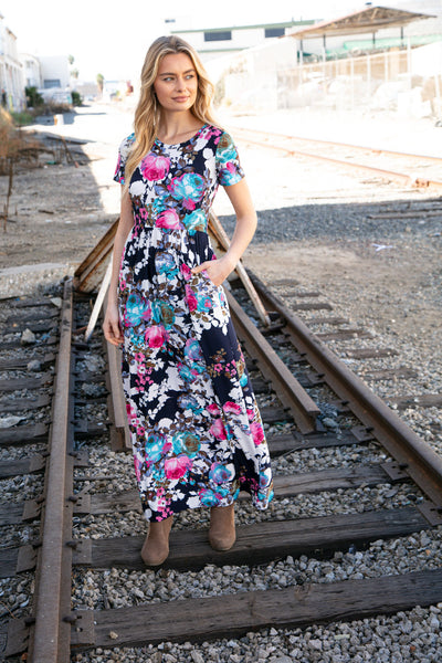 Navy Floral Fit and Flare Maxi Pocketed Dress