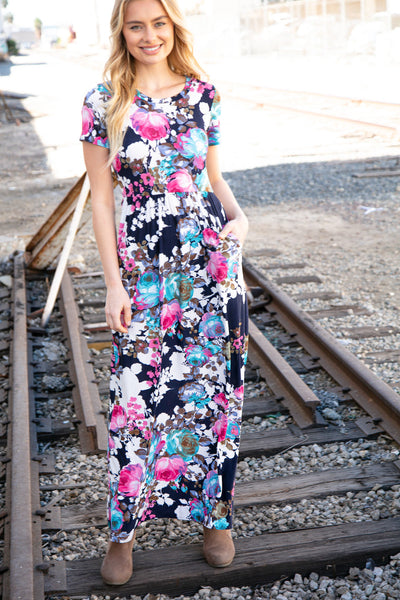 Navy Floral Fit and Flare Maxi Pocketed Dress