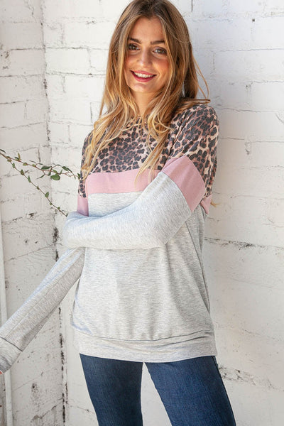 Grey and Mauve Leopard Color Block Top