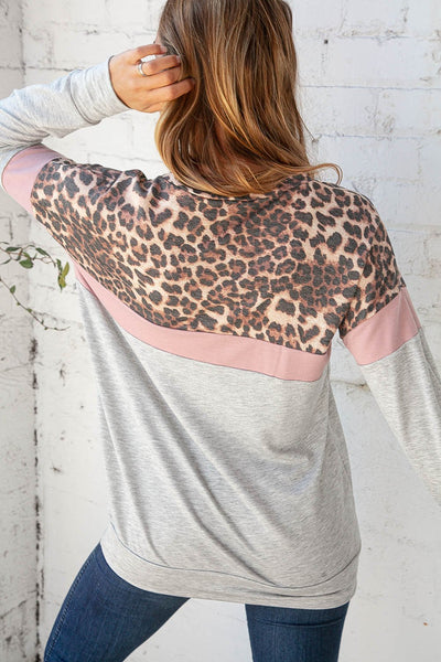 Grey and Mauve Leopard Color Block Top