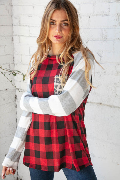 Grey & Red Plaid Leopard Brushed Hacci Pocket Top