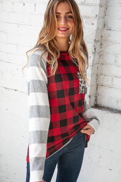 Grey & Red Plaid Leopard Brushed Hacci Pocket Top