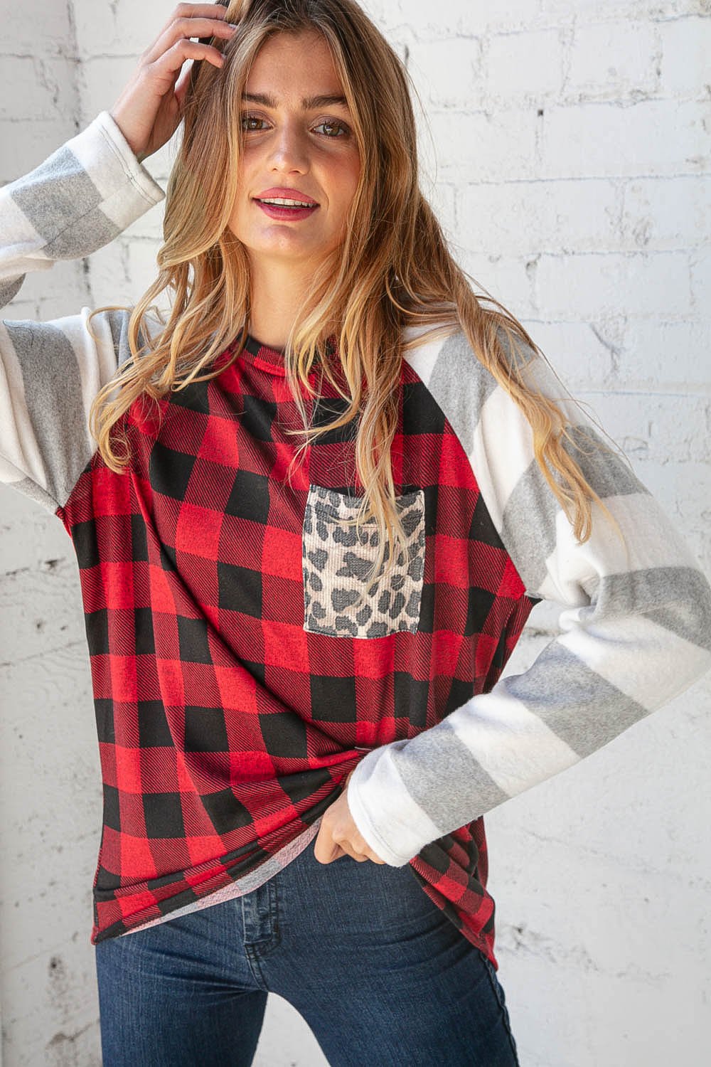 Grey & Red Plaid Leopard Brushed Hacci Pocket Top