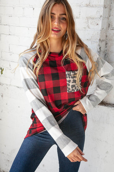 Grey & Red Plaid Leopard Brushed Hacci Pocket Top