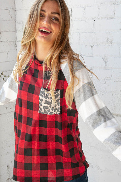 Grey & Red Plaid Leopard Brushed Hacci Pocket Top