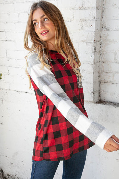 Grey & Red Plaid Leopard Brushed Hacci Pocket Top