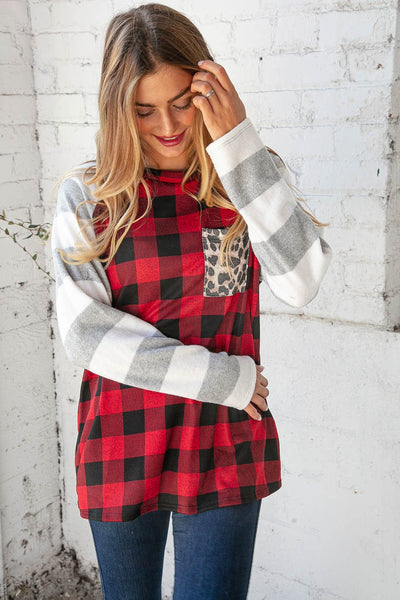 Grey & Red Plaid Leopard Brushed Hacci Pocket Top