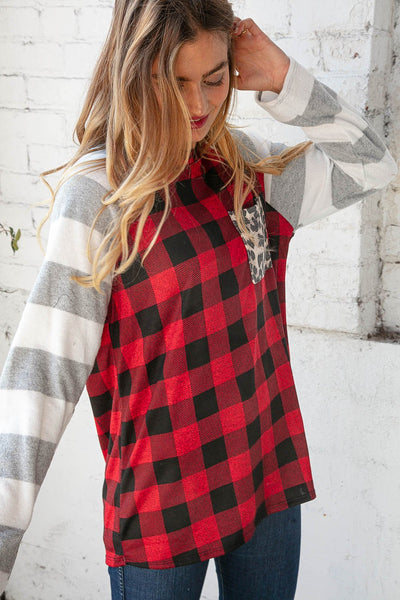 Grey & Red Plaid Leopard Brushed Hacci Pocket Top