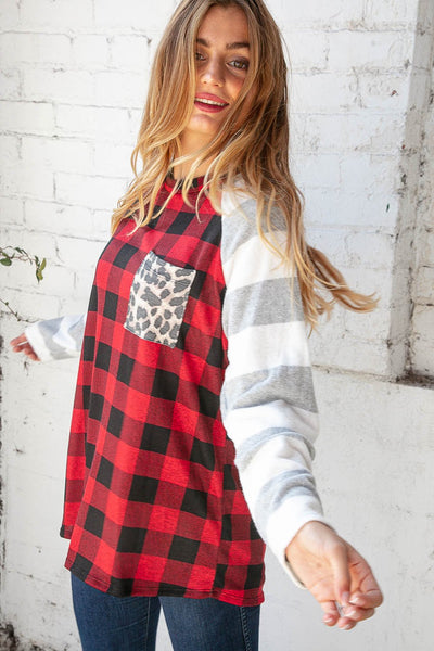 Grey & Red Plaid Leopard Brushed Hacci Pocket Top