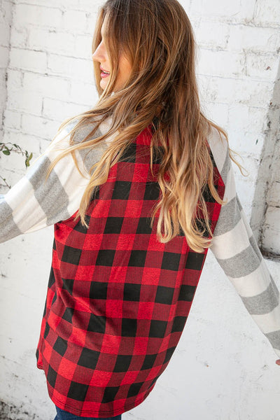 Grey & Red Plaid Leopard Brushed Hacci Pocket Top