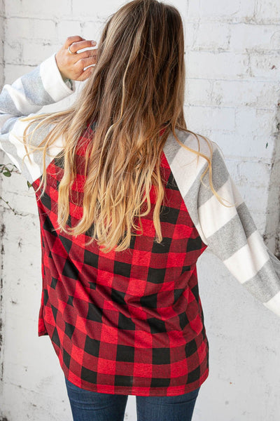 Grey & Red Plaid Leopard Brushed Hacci Pocket Top