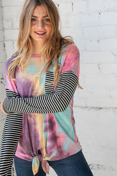 Tie Dye Stripe Front Knot French Terry Top