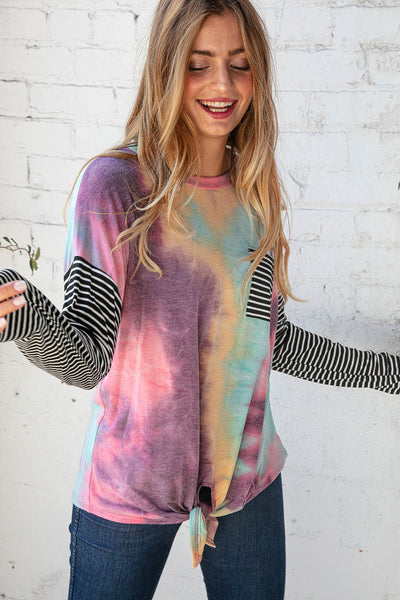 Tie Dye Stripe Front Knot French Terry Top