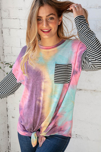 Tie Dye Stripe Front Knot French Terry Top