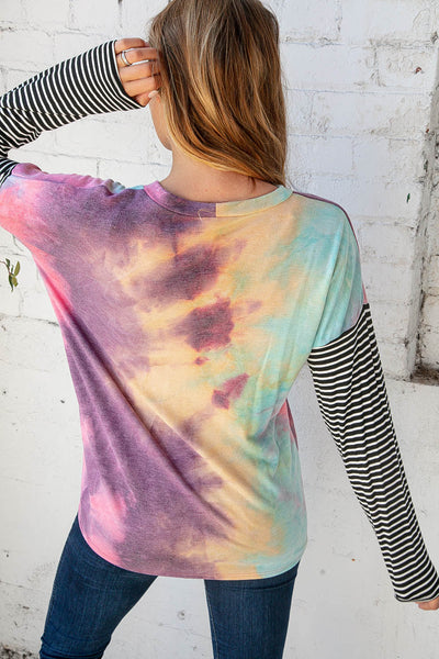 Tie Dye Stripe Front Knot French Terry Top