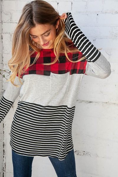 Plaid Stripe Color Block Pocketed Knit Top