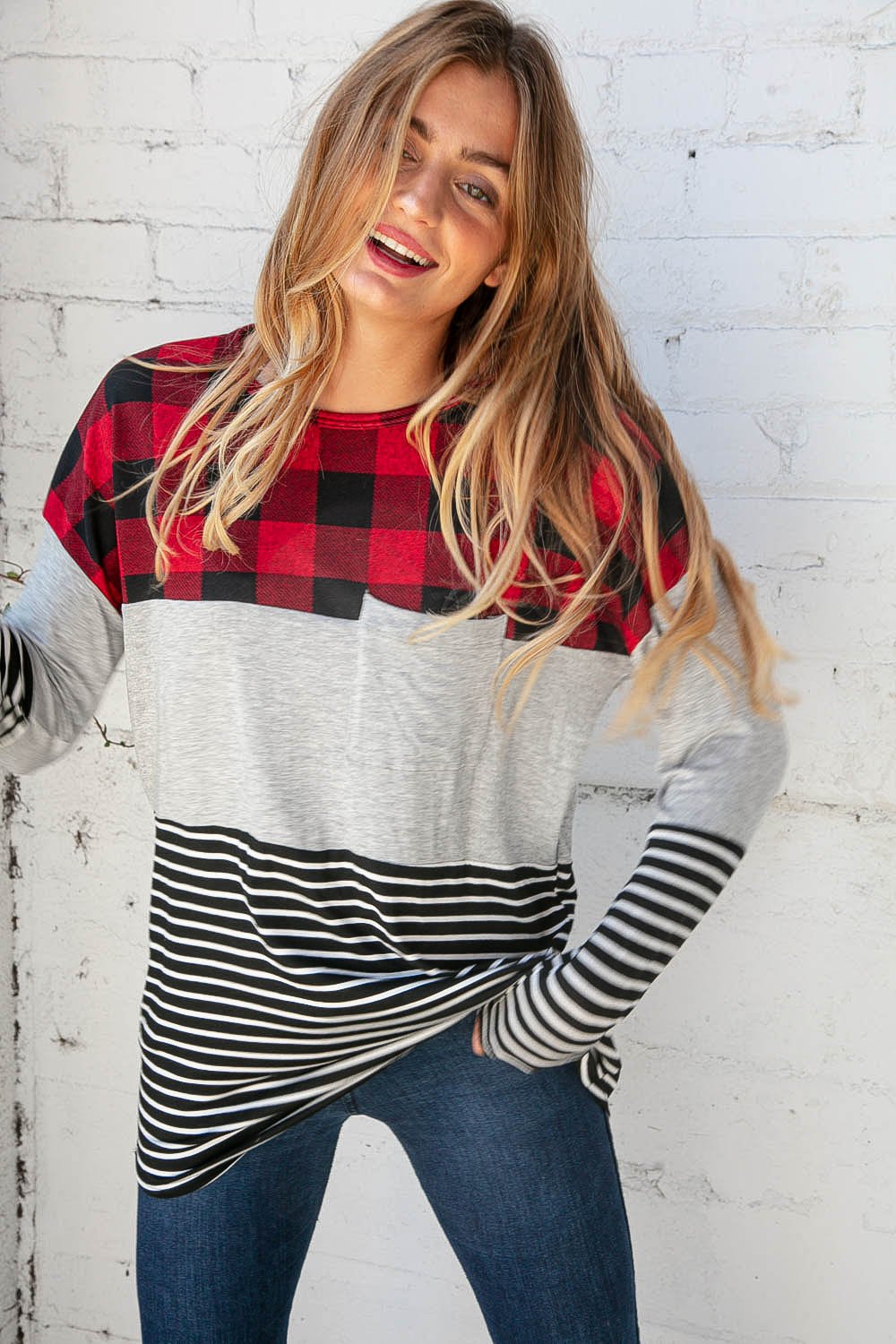 Plaid Stripe Color Block Pocketed Knit Top