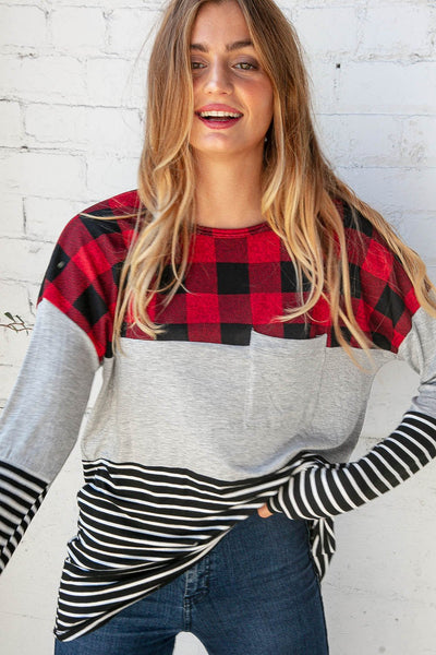 Plaid Stripe Color Block Pocketed Knit Top