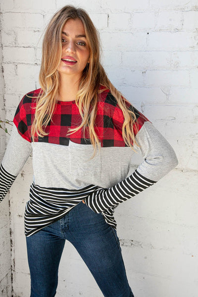 Plaid Stripe Color Block Pocketed Knit Top