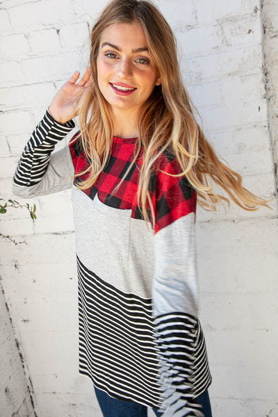 Plaid Stripe Color Block Pocketed Knit Top