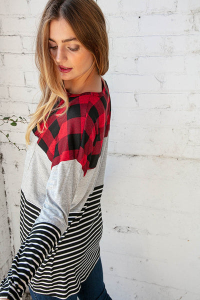 Plaid Stripe Color Block Pocketed Knit Top