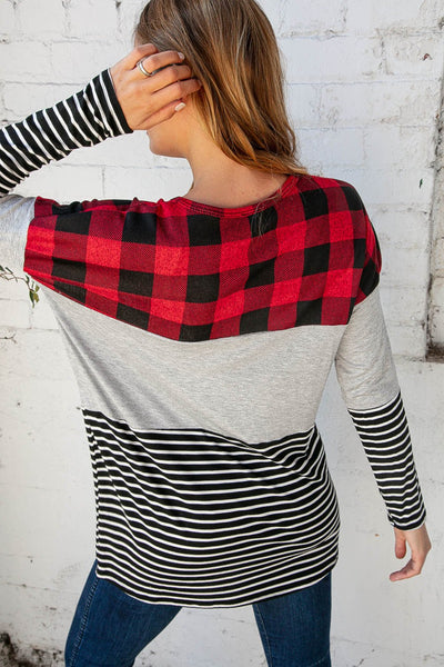 Plaid Stripe Color Block Pocketed Knit Top