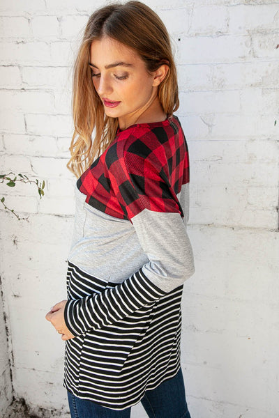 Plaid Stripe Color Block Pocketed Knit Top