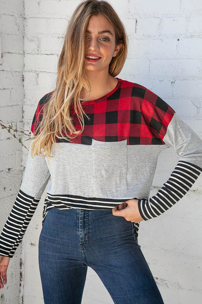 Plaid Stripe Color Block Pocketed Knit Top