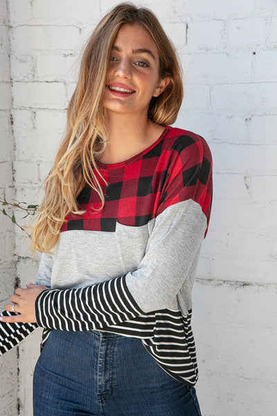 Plaid Stripe Color Block Pocketed Knit Top