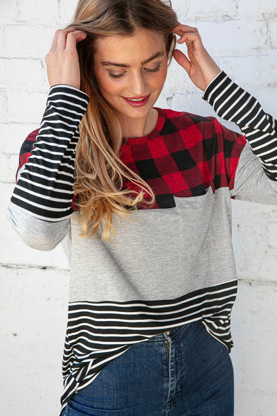 Plaid Stripe Color Block Pocketed Knit Top