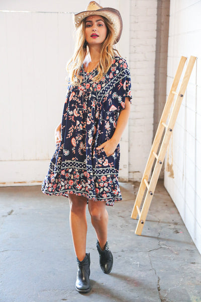 Navy Boho Paisely Dolman V Neck Pocketed Dress