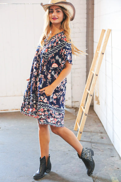 Navy Boho Paisely Dolman V Neck Pocketed Dress