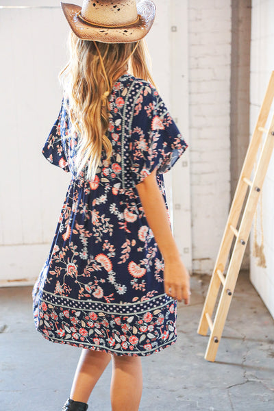 Navy Boho Paisely Dolman V Neck Pocketed Dress