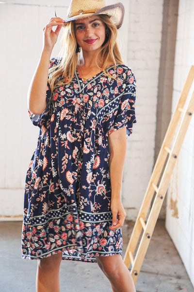 Navy Boho Paisely Dolman V Neck Pocketed Dress