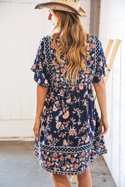 Navy Boho Paisely Dolman V Neck Pocketed Dress