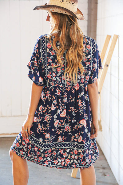 Navy Boho Paisely Dolman V Neck Pocketed Dress