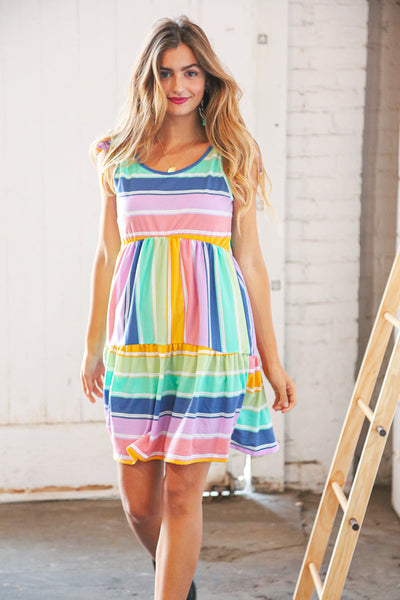 Multicolor Tie Knot Shoulder Ruffle Hem Dress