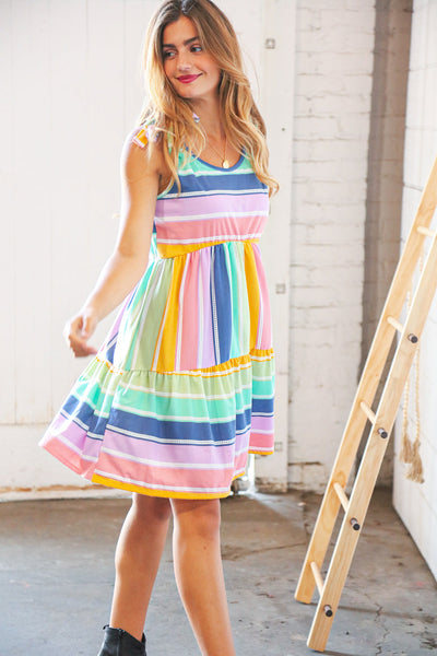 Multicolor Tie Knot Shoulder Ruffle Hem Dress