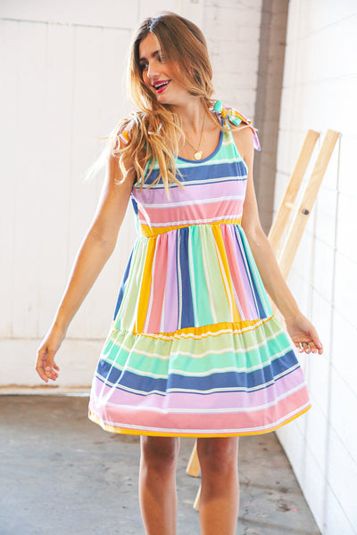 Multicolor Tie Knot Shoulder Ruffle Hem Dress