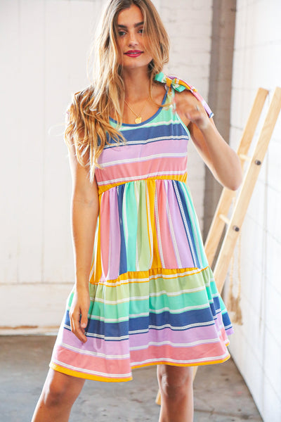 Multicolor Tie Knot Shoulder Ruffle Hem Dress