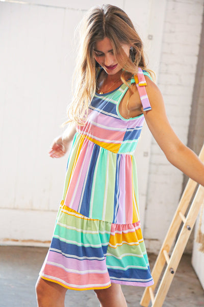 Multicolor Tie Knot Shoulder Ruffle Hem Dress