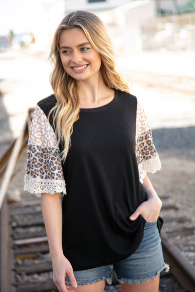 Black Rib Leopard Print Bell Sleeve Crochet Top