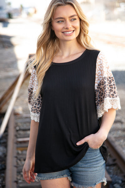 Black Rib Leopard Print Bell Sleeve Crochet Top